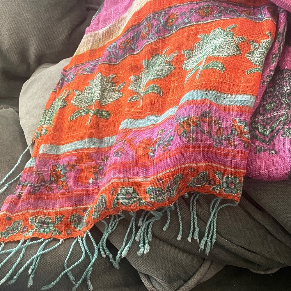 Old navy bohemian Bright Orange & Pink Floral Scarf with Fringe